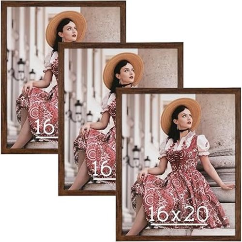 HLiWEGNS Dark Brown 16x20 Frame Set of 3 - Rustic Woodgrain 16 x 20 Poster Frame with Plexiglass for Wall Gallery Display, 16x20 Picture Frame for Puzzles, Artwork, Photos and Posters - Ideal Christmas Day