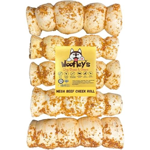 Woofley's 10-12" Bully Dusted Beef Cheek Roll - (5 Count)- Beef Cheek Rolls for Dogs - Long Lasting Natural Dog Chews
