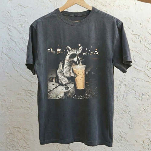 Raccoon Drinking Iced Coffee Nursing T-Shirt