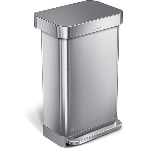 simplehuman 45 Liter / 12 Gallon Liter Rectangular Hands-Free Kitchen Step Trash Can with Soft-Close Lid, Brushed Stainless Steel with Plastic Lid