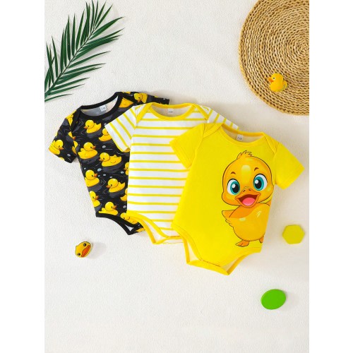 3pcs/Set Baby Boy Cute Duck Print Casual Bodysuits, Comfortable Easy-To-Wear Short Sleeve Summer Outfit Combos