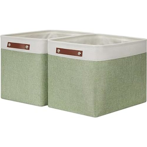 HNZIGE Large Fabric Storage Baskets with Leather Handles, Decorative Foldable Baskets for Organizing Closet & Home (Green, 16" x 11.8" x 11.8" - 2 Pack)