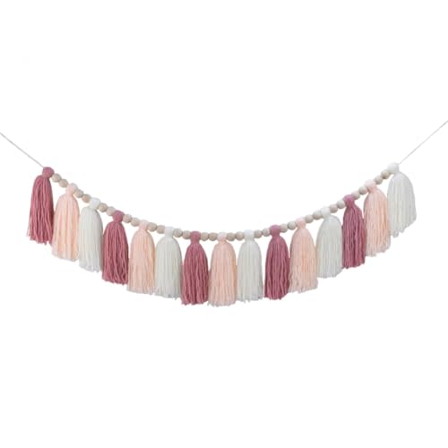 DrCor Pastel Pink Boho Tassel Garland – Blush Nursery Wall Decor for Girls Bedroom, Kids Room or Dorm, Gender Reveal or Baby Shower Backdrop, Bohemian Mantel or Entryway Decoration