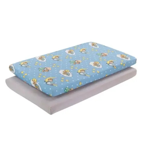 Everyday Kids 2-Pack Pack 'n Play Sheets – 100% Jersey Cotton, Blue & Yellow Precious Moments Designs, Soft Fitted Sheets for Portable or Mini Cribs
