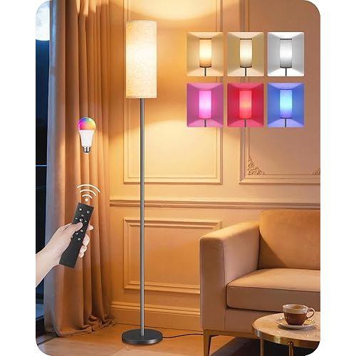 Dimmable Pink Floor Lamp for Living Room with Remote and Foot Switch, Corner Floor Lamp for Bedroom, 64.4" Standing Tall Lamp, 10W 900LM Bulb Included, 3000K-6500K, Linen Shade, FCC Listed P06LD05W1