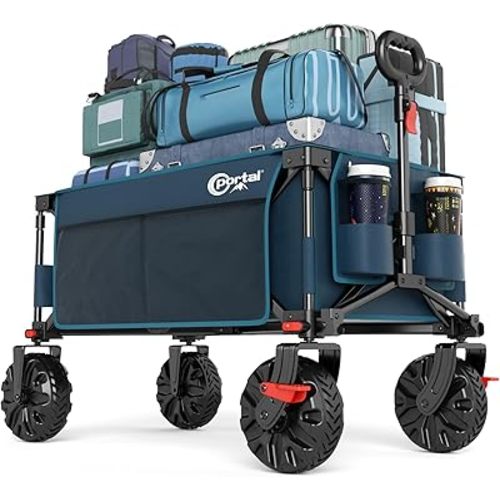 PORTAL Collapsible Wagon with Brakes, Heavy Duty Utility Cart with All-Terrain Wheels, Portable Folding Wagons for Camping, Beach, Garden, Shopping, and Groceries