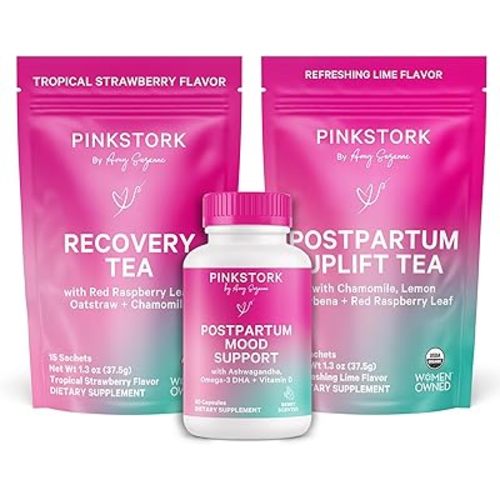 Pink Stork Postpartum Essentials Kit – Hormone Balance, Recovery & Mood Support for New Moms – Postnatal Vitamins Ashwagandha + Herbal Teas for Stress Relief, Energy, Sleep – Gift Set – Vegan, Organic