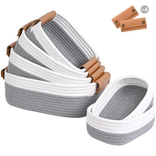 Storage Baskets for Organizing, Small Woven Basket Set of 6 - 4 Shelf Basket with Leather Handle and 2 Small Gift Baskets, Cotton Rope Basket for Shelves, Nursery, Dog Toy, Bathroom