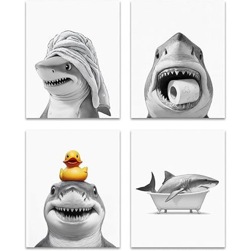 OFJE Funny Shark Bathroom Wall Art Decor Prints Set of 4, Wild Animal Shark Posters Pictures Wall Decor for Bathroom Washroom Restroom,shark gifts for women kids men, 8x10 Unframed