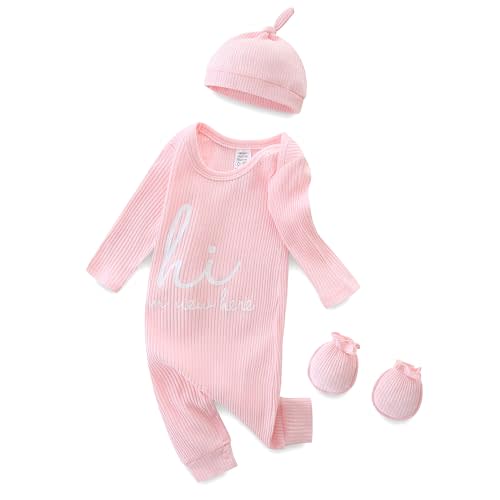 Baby Boy Girl Ribbed Onesies Romper Coming Home Outfits Letter Print Bodysuit Jumpsuit Hat Glove 3PCS Clothes Set