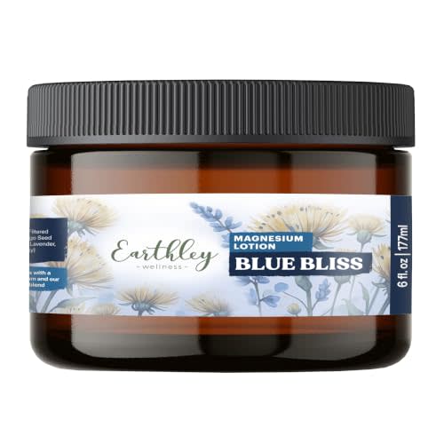 Earthley Wellness, Magnesium Lotion, Parent's Picks Award-Winner, Apricot, Shea Butter, Mango Butter, Lavender, Blue Tansy and Sandalwood Scent (6oz, Seasonal Blue Bliss)