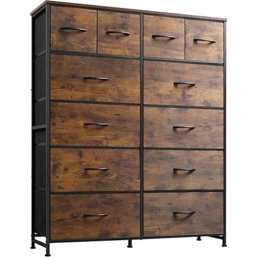WLIVE Tall Dresser for Bedroom with 12 Drawers, Dressers & Chests of Drawers, Fabric Dressers for Closet, Storage Dresser Organizer with Steel Frame, Wood Top, Rustic Brown Wood Grain Print