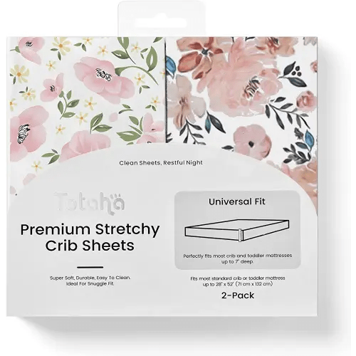 TotAha Premium Stretchy Crib Sheets (2-Pack)-Hypoallergenic, Silky Comfort, Buttery Soft, Calming Effect, All-Season Jersey-Knit Sheets, 9'' Extra Deep Pocket(Meredith Allover Floral & Pale Pink)