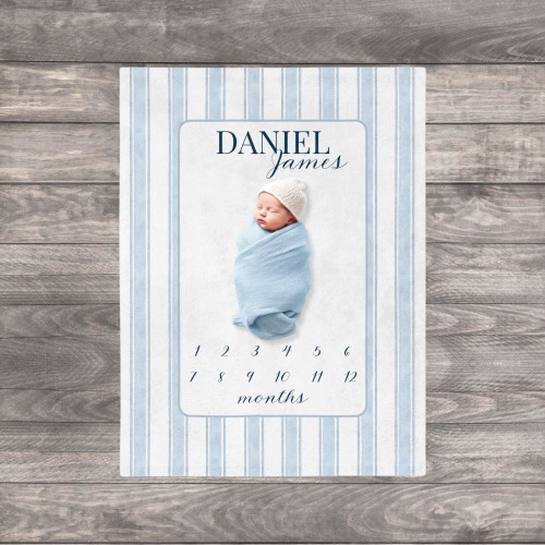 Blue Striped Baby Milestone Blanket, Vintage Monthly Growth Blanket, Personalized Month Blanket, Baby Shower Gift, Boy Milestone Photo Prop