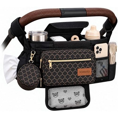 Stroller Organizer with Cup Holders – 9-in-1 Universal Baby Stroller Caddy with Multiple Pockets, Detachable Pouch & Pacifier Bag, Hooks & Adjustable Reflective Straps, Fits Most Strollers.