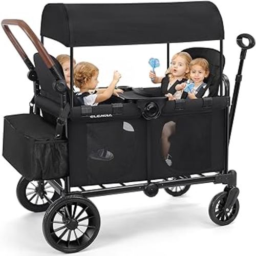 ELEMARA Wagon Stroller 4 Seater, Premium Stroller Wagon for 4 Kids, Foldable All-Terrain Wagon for Kids with Canopy, Adjustable Push/Pull Handles,Convertible High Seat&Organizer, Black