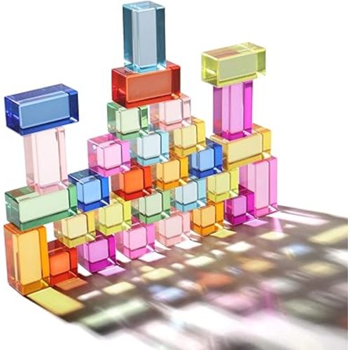 30 Pcs Mixed Acrylic Blocks Set - 10 Long (2.5x2.5x5CM) + 20 Cube (2.5x2.5x2.5CM) Rainbow Gem Blocks, Sensory Stacking Toy for 1 2 3 4 Years Old, Boys Girls Gift with Rich Building Possibilities