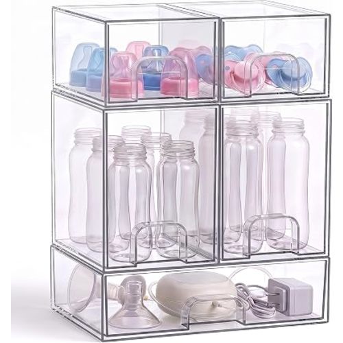 Baby Bottle Organizer, Clear Stackable Acrylic Drawers, 5 Pack