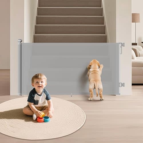 Retractable Mesh Baby Gate for Stairs - 34" Tall Extends to 55", Space Saving Dog Gate with Anti-Crawling Hook and Adjustable Baseboard Bracket, Baby Gate for Doorways, Hallways, Gray