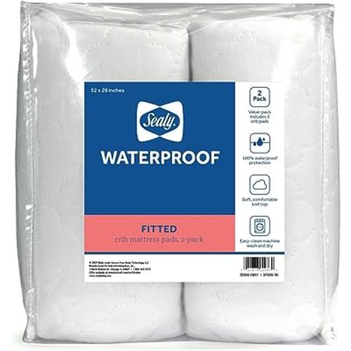 Sealy Baby 2-PACK Fitted Toddler Bed and Baby Crib Mattress Pad Cover Protector, Waterproof Crib Mattress Protector, Noiseless, Machine Washable and Dryer Friendly, 52" x 28" - White