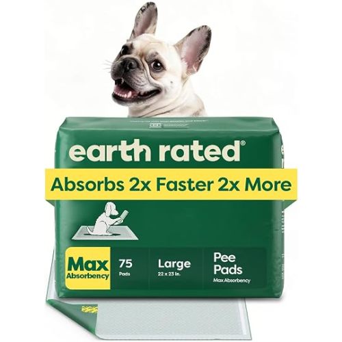 Earth Rated Puppy Pads, Max Absorbency Pee Pads for Dogs, Absorbs 2X Faster & 2X More, Leak Prevention, Potty Training, Fragrance-Free, Unscented, Regular [L], 22” x 23”, 75 Count