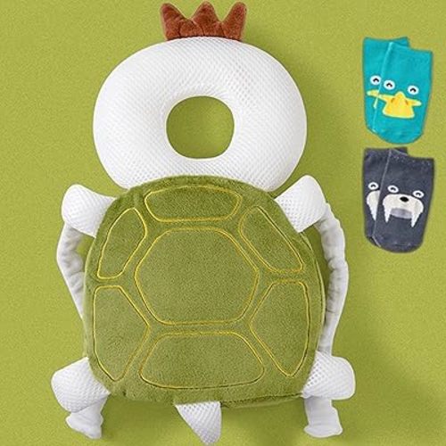 Baby Head Protector Saftey Cushion for Walking Crawling Toddlers Learning to Walk Backpack With Adjustable Strap, Socks, Green Turtle Pattern
