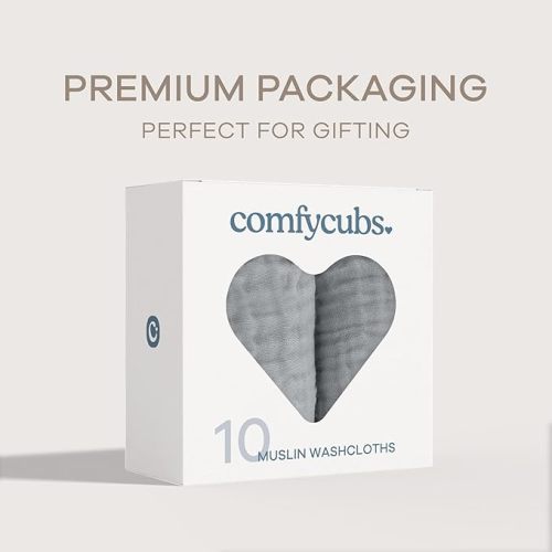 Comfy Cubs Muslin Baby Washcloths 10 Pack - Soft 6-Layer Cotton Wash Cloths for Sensitive Skin - 10"x10" Large, Gentle, Absorbent Infant Essentials for Newborn and Toddlers - Heather Blue