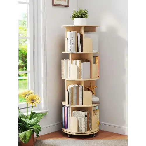Rotating Bookshelf with Lockable Wheels, 360° Display Kids Bookshelf Organizer, 4-Tier Wooden Corner Bookshelf, Floor-Standing Bookcase for Small Spaces Kid's Rooms, Studies, Bedrooms