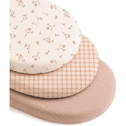 Muslin Bassinet Sheets 3-Pack (32" x 16") | 100% Cotton, Soft & Breathable, Fits Oval & Hourglass Bassinet Mattresses, For Baby Girl Boy