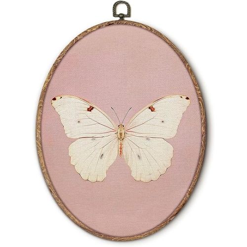 Hxlac Vintage White Butterfly Pink Oval Wall Art Framed, Neutral Moody Butterfly Oval Wall Decor, Retro Insert Hanging Canvas Prints Wall Sculptures for Home Bedroom Living Room Decor, 8.5x11.5 Inch