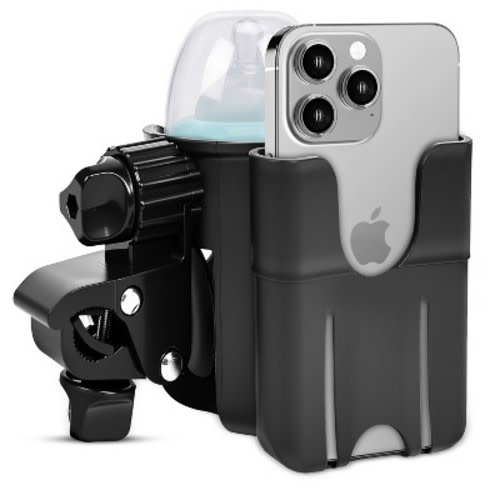 Fosmon Stroller Cup Holder with Phone Holder, Universal Cup Holder Stroller Attachment Organizer, Bike Cup Holder for Walker Stoller Wheelchair, Black