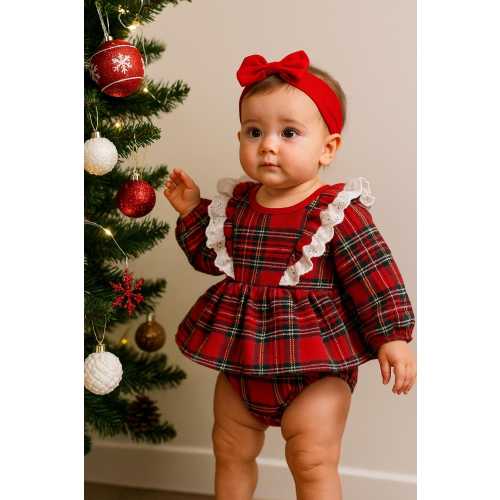 Christmas Baby Romper Dress: Red Tartan Skirt, Photo Prop Outfit My First Christmas Outfit