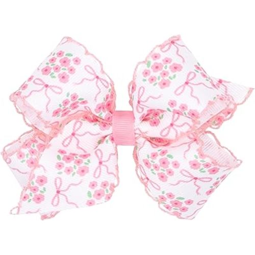 Wee Ones Girls' Moonstitch Edge Hair Bow in Spring Flower or Gingham Prints, Medium or King, on WeeStay No-Slip Clip, Medium, Pink Bow