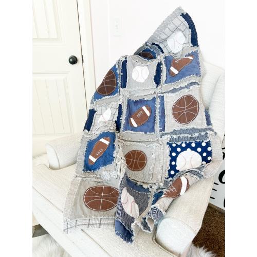 Sports Rag Quilt Modern Boys Blanket | Football, Baseball, Basketball Crib Bedding for Boy Nursery Decor | Baby Shower Heirloom Baby Gift