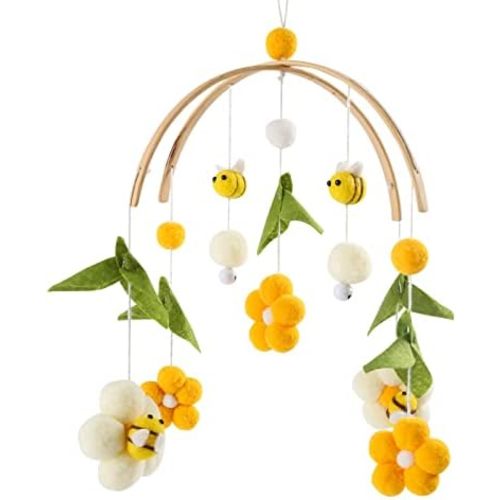 Honeybee Baby Mobile Small Flowers Crib Mobile Baby Boys and Girls, Green Leaves avec Pompoms Mobile for Crib, Baby Nursery Mobiles - Baby Gift (Yellow)