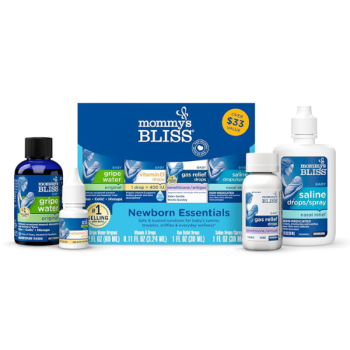Mommy's Bliss 4-Piece Newborn and Baby Essentials Kit - With Gripe Water, Gas Relief Drops, Vitamin D 400IU, and Saline Drops/Spray - The Perfect Baby Gift.