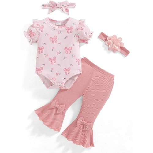 Vibebox Baby Girl Clothes Newborn Preemie Summer Outfits Short Sleeve Ruffle Romper Tops Bell Bottoms Pant Sets with Headband
