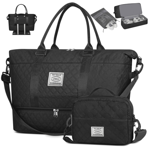Weekender Bags for Women, Travel Duffel Bags with Shoe Compartment, Personal Item Travel Bag Weekender Overnight Bag Set Hospital Bags with Wet Pocket and Toiletry Bag for Labor and Delivery - Black