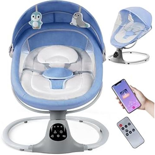 Electric Baby Swing for Infants to Toddler, Portable Swing Rocker with 5 Point Harness, 5 Sway Speed, Bluetooth,12 Preset Lullabies with Remote Control, Infant Swing for Baby Boys & Girls, Blue