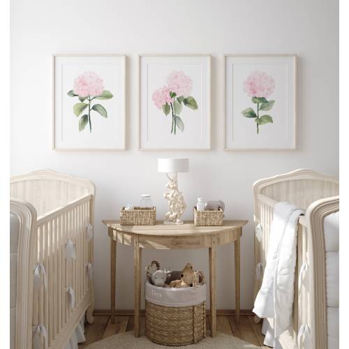 Light Pink Hydrangea Watercolor Prints – Set of 3 Soft Pink Floral Art, Minimalist Botanical Wall Decor for Nursery & Gift for Her