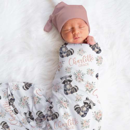Personalized Racoon Swaddle Blanket Woodland Name Baby Blanket Flower Newborn Baby Girl Coming Home Hospital Photo Outfit Baby Shower Gift