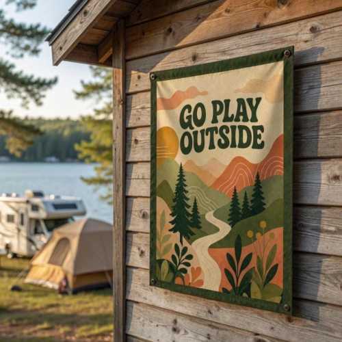 Go Play Outside Camping Flag, Outdoor Room Decor, Rustic Cabin Wall Banner, Hikers & Campers Nature Gift, Adventure Nursery Garden Flag