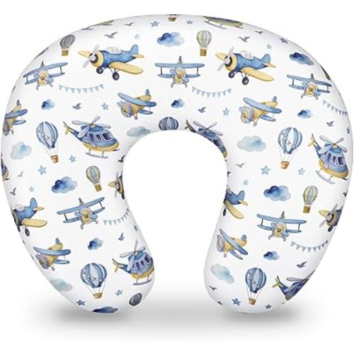 Nursing Pillow Cover, Breastfeeding Pillow Cover for Baby Girls Boys, Soft Stretchy Nursing Pillowcase for Infant Newborn, Removable Slipcover for Nursing Pillows, Blue Airplane(Only Cover)
