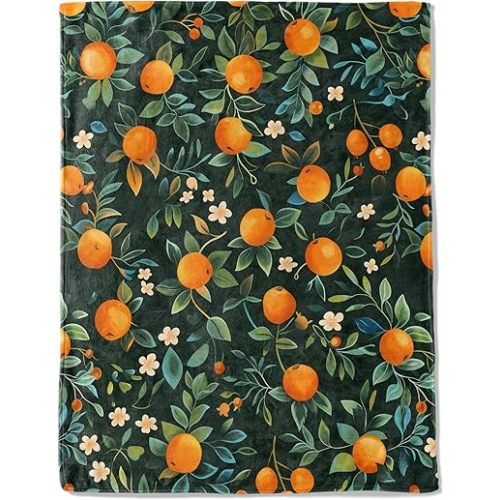 Oranges and Blossoms Flannel Blanket - Lightweight Soft Cozy Unique Gifts Blankets for Kids,Adult,Women,Elegant Dark Fruit Throw,Citrus Lovers,Home Room Modern Picnic Decor 50x60in