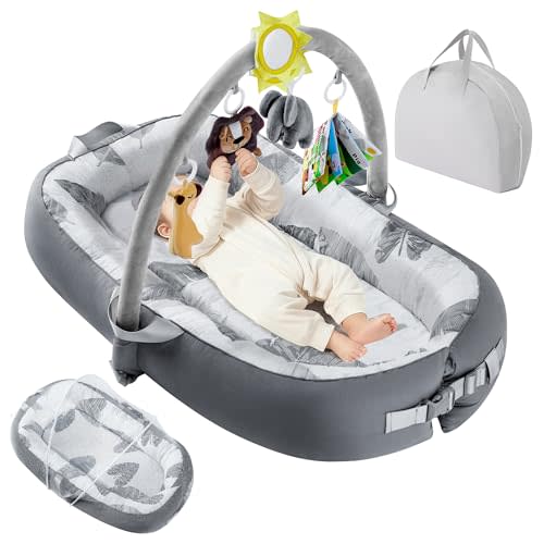 Swaathani Portable Baby Lounger For Travel,Breathable & Comfortable 100% Cotton Infant Lounger, Baby Nest 0-24 months Machine-Washable Newborn Lounger,Newborn Essentials (Gray, Baby Lounger With Toys)