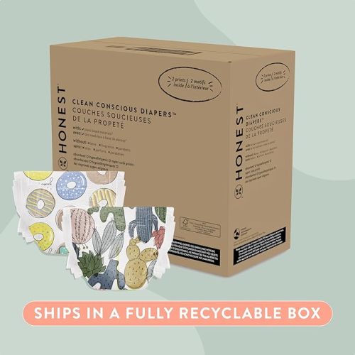The Honest Company Clean Conscious Diapers | Plant-Based, Sustainable | Cactus Cuties + Donuts | Super Club Box, Size 3 (16-28 lbs), 120 Count