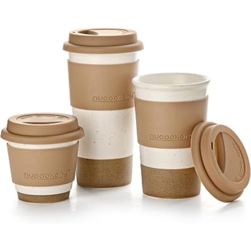 Ceramic Travel Coffee Mug Set, To Go Mug with Silicone Lid&Non-Slip Sleeve