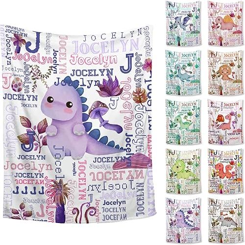 Personalized Baby Name Blanket Dinosaurs Gift for Baby Boys Girls Purple Flannel Throw Blankets- 30X40 Inch for Baby Custom Kids Blanket Gifts for Toddler Nursery Birthday
