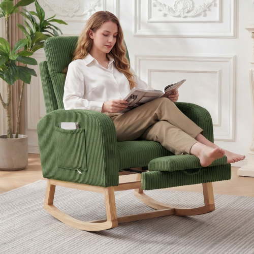 Nursery Rocking Chair with Footrest,Upholstered Glider Rocker with Side Pocket, USB Charging Port & Wood Legs, High Back Nursing Chair for Living Room & Bedroom
