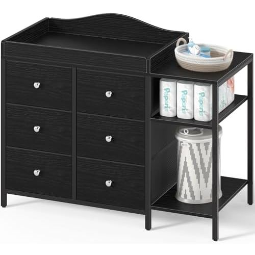 BOLUO Baby Dresser with Changing Table Top, Black Changing Table Dresser with 6 Fabric Drawers Diaper Changing Station with Storage Shelf for Nursery Modern
